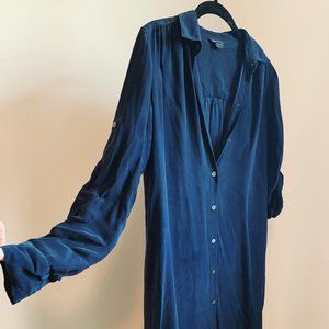 100% Silk Button Up Dress - Navy